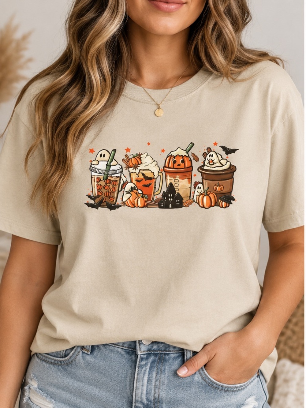Women's Cream Halloween Pumpkin Graphic Tee - Seasonal Short Sleeve Top
